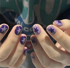 Green Aesthetic Nails Short, Graphic Art Nails, Silly Nail Designs, Short Nail Designs Masc, Nail Polish Art Ideas, P1harmony Nails, Nonbinary Nails, Purple Gel Nails Ideas, Purple Star Nails