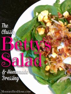 the classic betty's salad is shown on a plate with lettuce and bacon