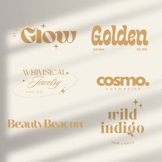 gold and white logos for beauty products on a light colored background with shadows from the window