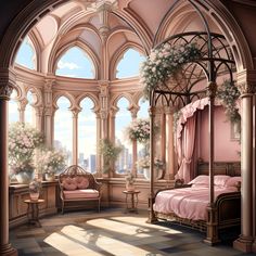 an artistic painting of a bedroom with pink walls and flooring, arched windows overlooking the city