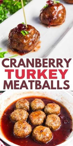 cranberry turkey meatballs are served in a white bowl with sauce and garnish