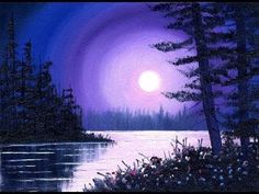 a painting of trees and water with the moon in the sky above it at night