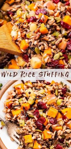 wild rice stuffing with cranberries and apples in a bowl