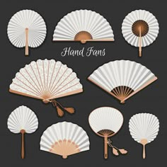 an assortment of hand fans on a black background