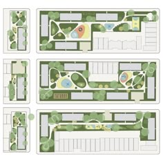 four different plans for a park with trees, bushes and benches in the middle of it