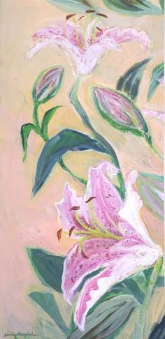 a painting of pink flowers with green leaves