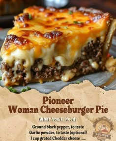 a piece of cheeseburger pie sitting on top of a plate with the recipe below it