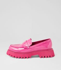 Sia Bright Pink Patent Leather Loafers. Rock a 90s vibe with these leather platform loafers by Mollini. SIA is a stand-out design on a chunky sole you can wear from work to weekend. Metallic Sneakers, Patent Leather Loafers, Platform Loafers, Ankle Boots Flat, Rock A, Sandals For Sale, Long Boots, Boots And Sneakers, Flat Boots