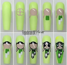 Cartoon Character Nails Step By Step, Nail Canvas Art, Anime Nail Art Step By Step, Buttercup Nail Art, Nail Art Character Step By Step Designs, Character Art On Nails, Nail Art Characters Step By Step, Step By Step Character Nail Art