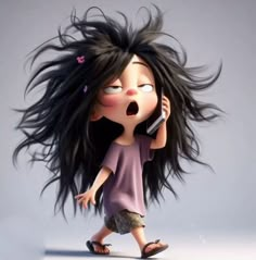 a cartoon character with long hair talking on a cell phone