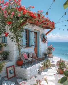 a house with flowers growing on the roof next to the water and some potted plants