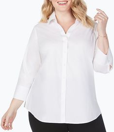 Plus Size Mary 3/4 Sleeve Solid Stretch Shirt #Sponsored #Sleeve, #AFFILIATE, #Mary, #Size White Button Down Shirt Outfit, Button Down Shirt Outfit, Casual Weekend Outfit, Plus Size White, Leopard Print Skirt, White Button Down Shirt, Blouse Nordstrom, White Button Down, Athleisure Outfits