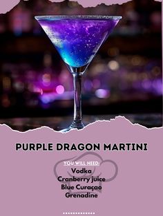 the purple dragon martini is served in a tall glass with blue liquid and garnishes