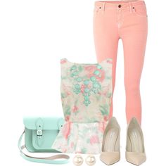 Peplum & Pastel, created by qtpiekelso on Polyvore Fair Skin Outfits, Teal Outfit, Pink Purses, Car Drifting, Pastel Pants, Turquoise Purse, Flat Pumps, Floral Peplum, Jack Wills