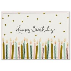 a birthday card with candles and confetti on the top, says happy birthday