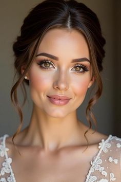 a woman with brown eyes wearing a white dress