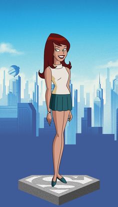 an animated woman standing on top of a platform in front of a cityscape