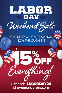 labor day weekend sale flyer with balloons and stars on red, white and blue background