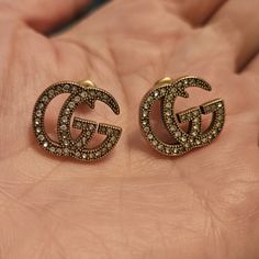 Cute Gold And Rhinestone Studs. Luxury Gucci Earrings For Evening, Gucci Luxury Evening Earrings, Designer Jeweled Jewelry Gift, Designer Rhinestone Party Jewelry, Designer Rhinestone Jewelry For Party, Designer Jeweled Gold Jewelry, Designer Gold Jeweled Jewelry, Designer Rhinestone Jewelry For Formal Occasions, Gucci Round Earrings For Formal Events