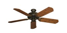 a ceiling fan with wooden blades on it