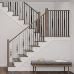 a hat sitting on top of a bench next to a stair case and banister