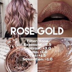 a collage of photos with lipstick, watch and text that says rose gold on it