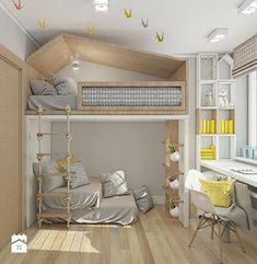 a bedroom with bunk beds and desks in it