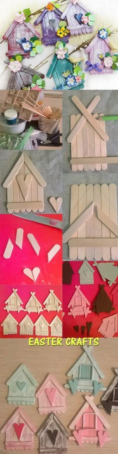 the process of making paper houses is shown in several different colors and sizes, including pinks