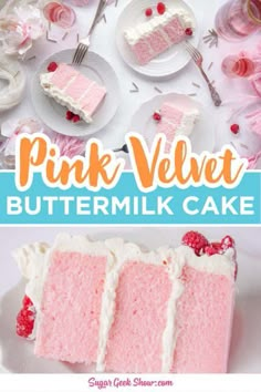 pink velvet buttermilk cake on a white plate