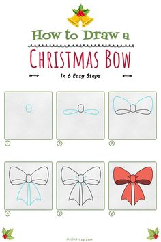 Step by step images demonstrating a how to draw a Christmas bow - A Drawing Lesson for Kids! Cute Easy Drawings Christmas, How To Draw A Bow On A Present, How To Draw A Nutcracker Step By Step, Easy Draw Christmas Pictures, How To Draw Holiday Stuff, How To Draw Mistletoe Easy, How To Draw A Christmas Ornament, How To Draw A Mistletoe, Easy To Draw Christmas Pictures For Kids