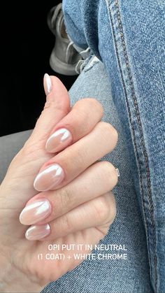 1 coat Opi Put it in Neutral + white chrome Short Oval Pearl Nails, Neutral With Chrome Nails, Pearly Neutral Nails, French Tip Nails Bride, Put It In Neutral With White Chrome, Put It In Neutral Chrome Nails, Coconuts Over Opi With Chrome, Lets Be Friends Chrome Nails, Let’s Be Friends With Pearl Chrome