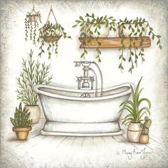 a drawing of a bathtub with plants and hanging potted plants on the wall