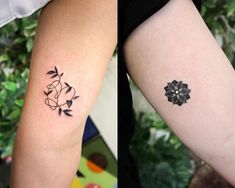 two people with matching tattoos on their arms, one has a flower and the other has a leaf