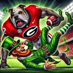 a painting of a football player being tackled by a dog in the middle of a field