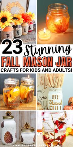 fall mason jar crafts Mason Jar Crafts Fall, Fall Mason Jar Crafts Tea Lights, Mason Jar Thanksgiving Crafts, Mason Jar Crafts For Fall, Diy Fall Mason Jar Decorations, Pint Jar Crafts, Dollar Tree Jar Crafts, Small Glass Jar Crafts Diy Projects, Fall Mason Jar Crafts Diy