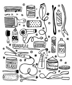 a black and white drawing of hair care items