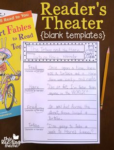 the reader's theater worksheet is next to a book and pencils