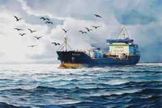 a painting of a ship in the ocean with birds flying over it