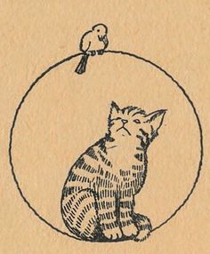 a drawing of a cat sitting in front of a bird on top of a ball