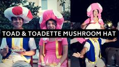 several photos of people in costumes with food on their heads and the words toad & toadette mushroom hat above them