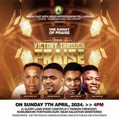 the victory through praise flyer with three men in front of an orange background and yellow lights