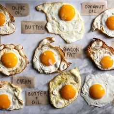 an assortment of eggs and creme on a sheet of parchment paper with words written below them