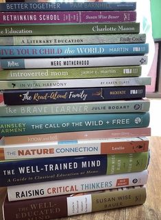 a stack of books sitting on top of a wooden table