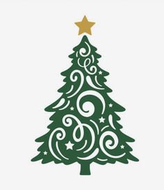 a christmas tree with swirls and stars on it's top, against a white background