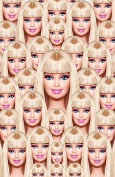 many barbie dolls with blonde hair and blue eyes are shown in this seamed photo