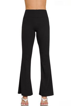 Achieve ultimate comfort and style with our Zenana Buttery Soft Flare Leg High Waist Yoga Pants. Made from soft and stretchy fabric, these pants provide a flattering high-waisted fit and a trendy flare leg. Perfect for yoga, lounging, or running errands, they offer all-day comfort and versatility. Details:- Elastic Waistband- Flare Leg- Perfect Stretch + Recovery Fabric:- 90% Polyester, 10% Spandex High Stretch Mid-rise Elastane Pants, High Stretch Elastane Mid-rise Pants, Chic Elastane Yoga Pants For Loungewear, Black Yoga Pants With 4-way Stretch, Black Wide Leg 4-way Stretch Leggings, Black Wide Leg Leggings With 4-way Stretch, Black Full-length Yoga Pants With Comfort Waistband, Black 4-way Stretch Leggings For Loungewear, Ankle-length Stretch Yoga Pants