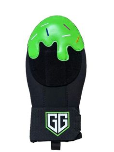 a green and black glove with sprinkles on the inside of it's head