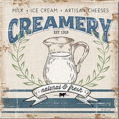 an old fashioned creamery sign with a pitcher and ribbon on it's side