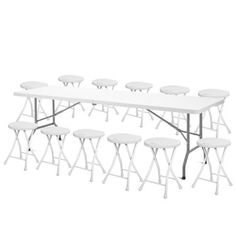 a white table with six stools and four tables on each side, all facing different directions