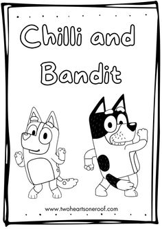 an adult coloring page with two cartoon cats and the words chilli and bandit on it